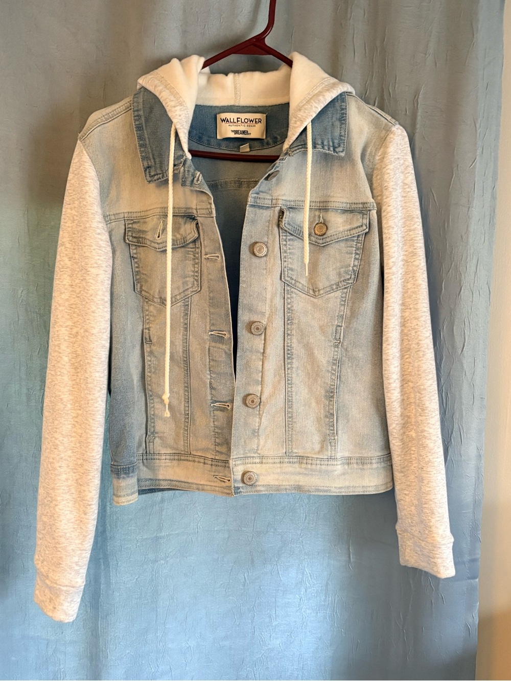 Wallflower Light Wash Denim Jacket with Gray Hoodie Sleeves